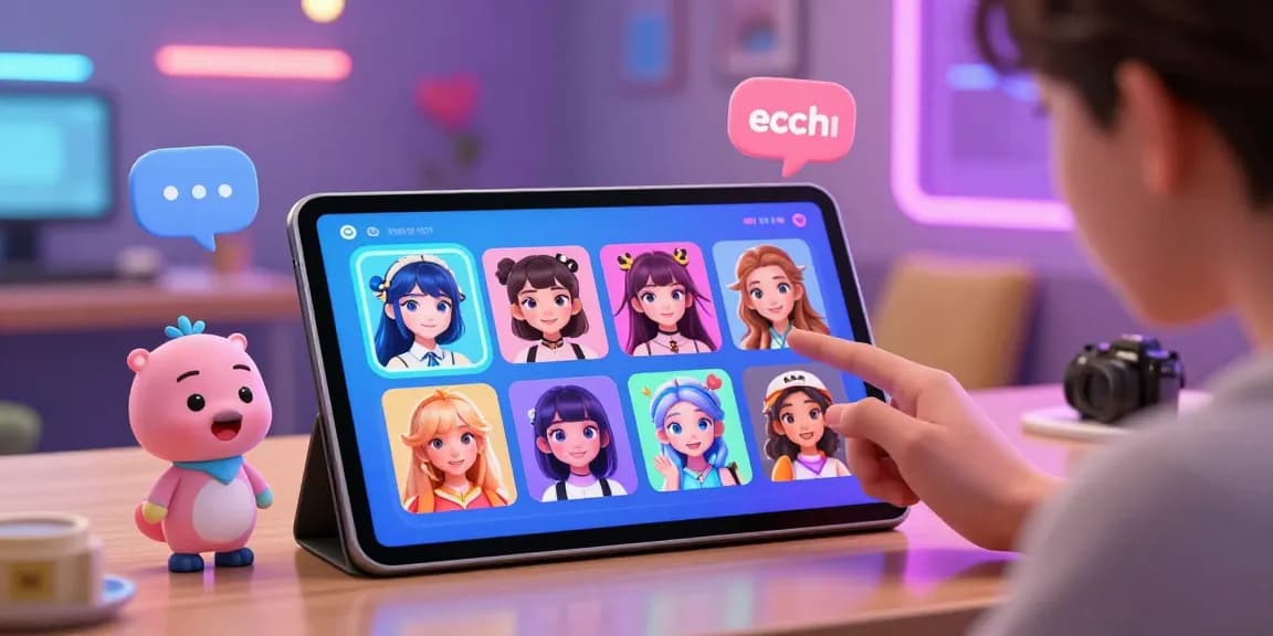 Engaging user with ecchi chat AI animated characters on a tablet, vibrant and playful digital interaction.