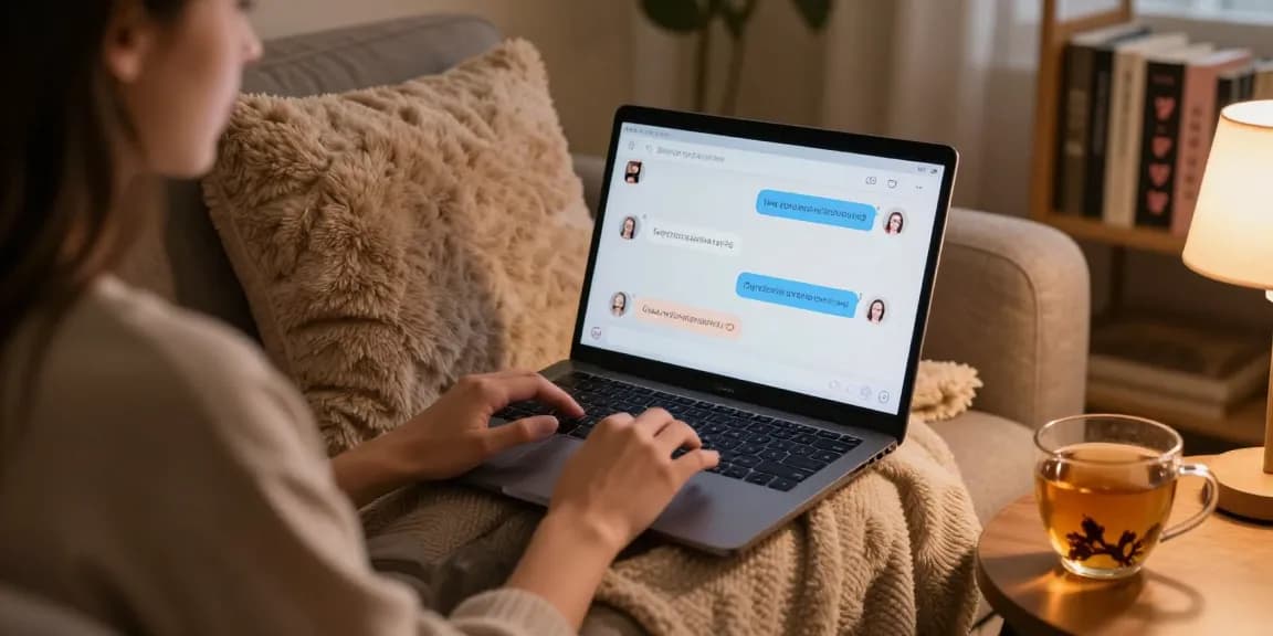 Engaging in a sex chat ai conversation in a cozy home setting with soft lighting and a relaxed atmosphere.