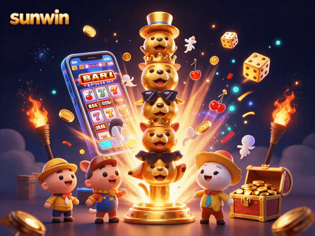 Experience the excitement at sunwin with this vibrant 3D illustration of a golden totem and a jackpot slot machine.