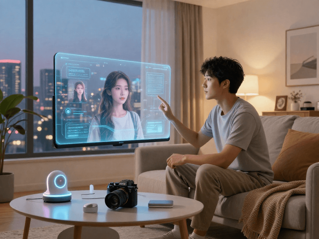 Engaging scene of an individual interacting with an AI girlfriend through a holographic interface, showcasing modern technology and a cozy atmosphere.