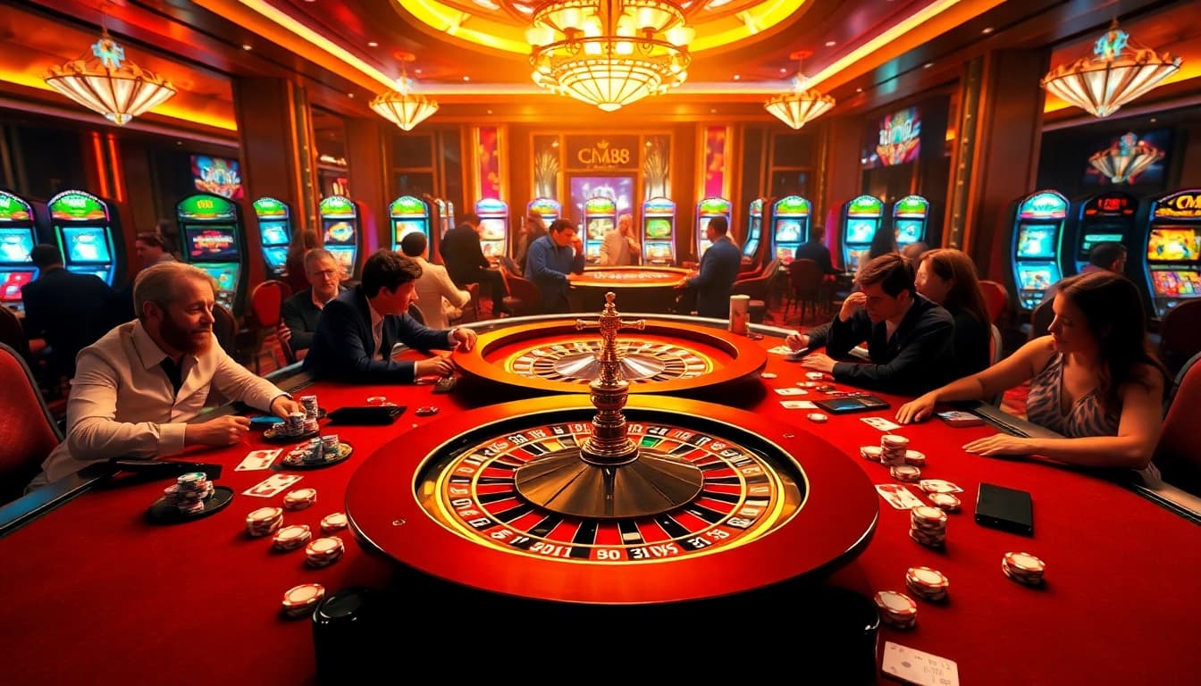 Experience the thrill of gambling at CM88 with a vibrant casino scene showcasing poker and roulette.