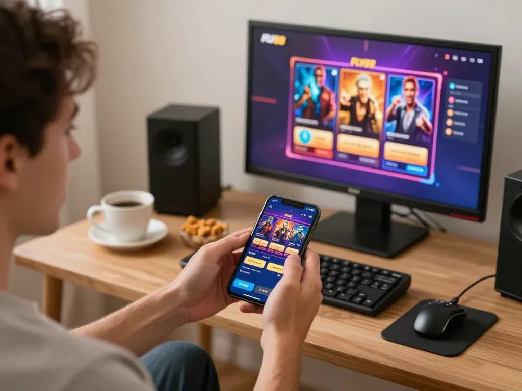 Engaging user playing FLY88 casino games on mobile in a cozy home setup