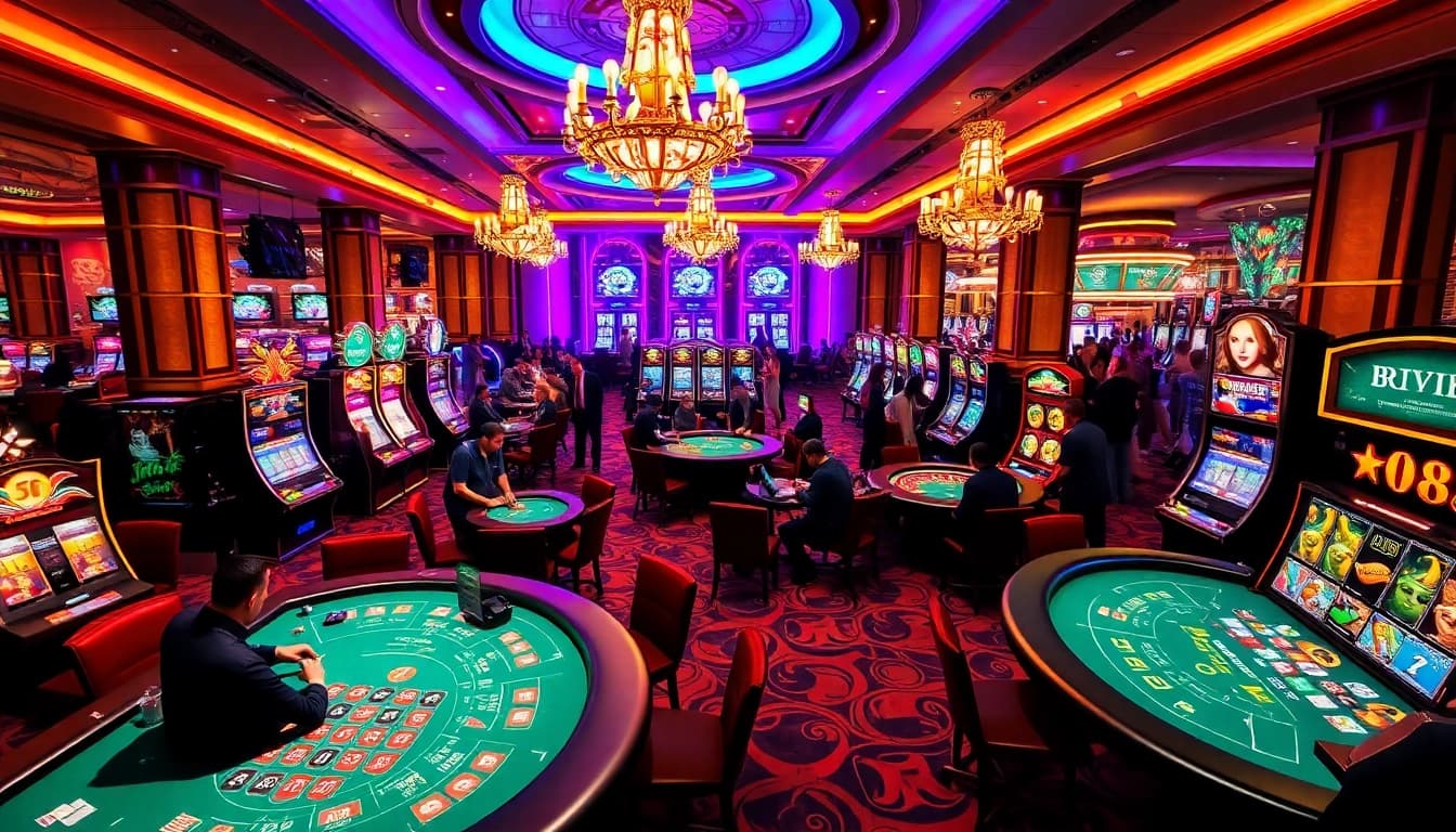 Players engaging in thrilling MK8-themed casino games with vibrant lights and luxurious decor.