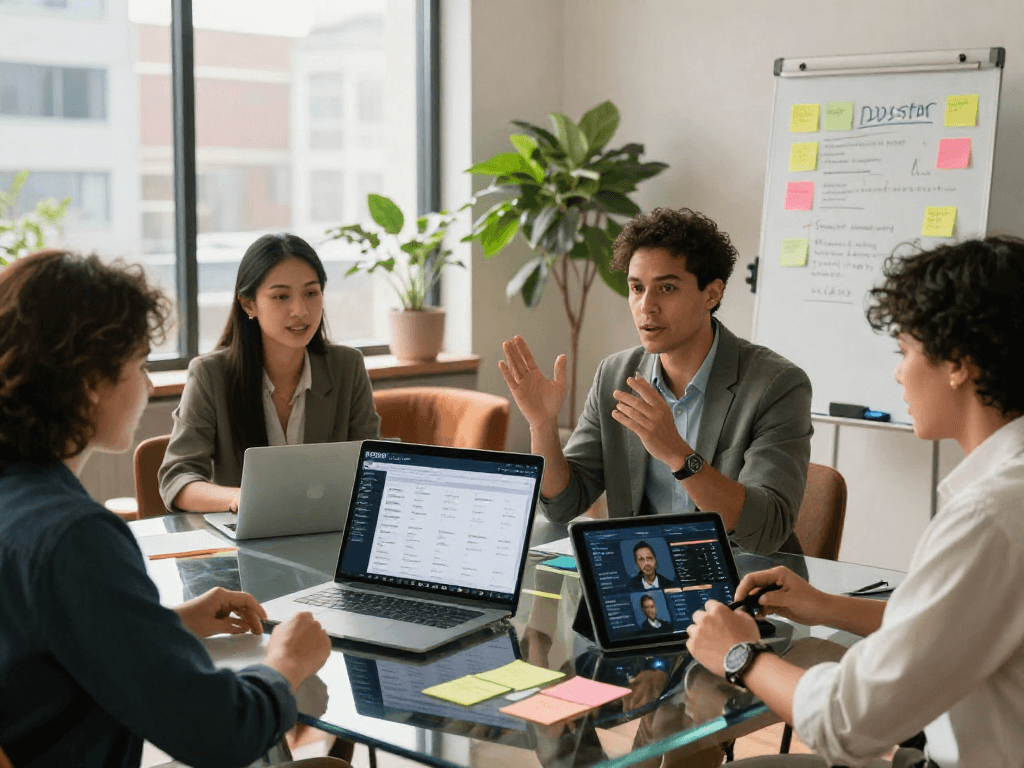 Team of real estate agents using IDXSTAR technology to collaborate on listings and strategies in a modern office.