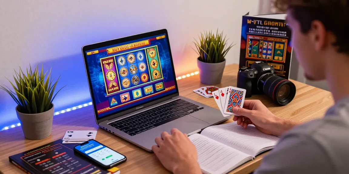 UK player enjoying credit card casinos uk at home, surrounded by gaming elements like cards and apps.