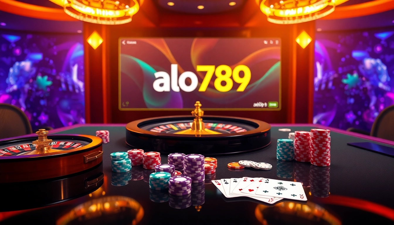 A thrilling gambling experience at alo789 featuring a roulette table, poker chips, and online betting interface.