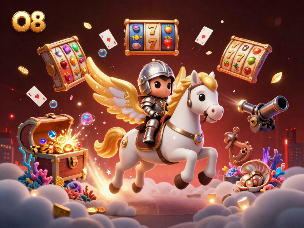 Engage in thrilling O8 gaming with a celestial scene packed with slot reels and vibrant treasures.
