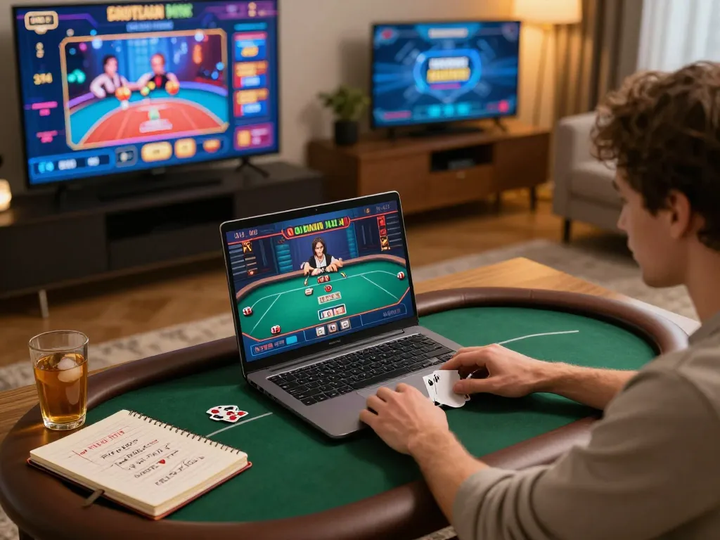 Player enjoying a live poker game at JUN88 on laptop, showcasing an engaging home gaming environment.