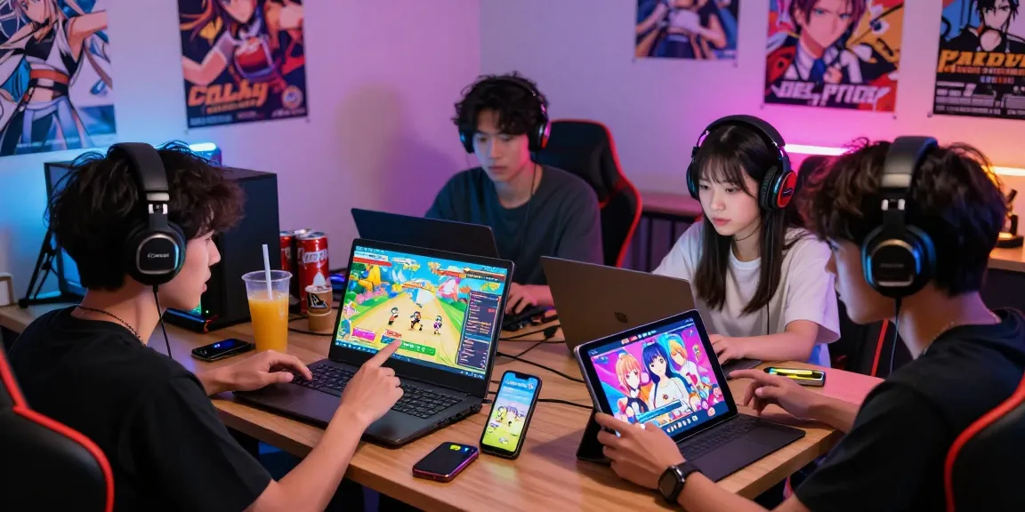 Young gamers enjoying free ecchi games in a vibrant gaming room setting.