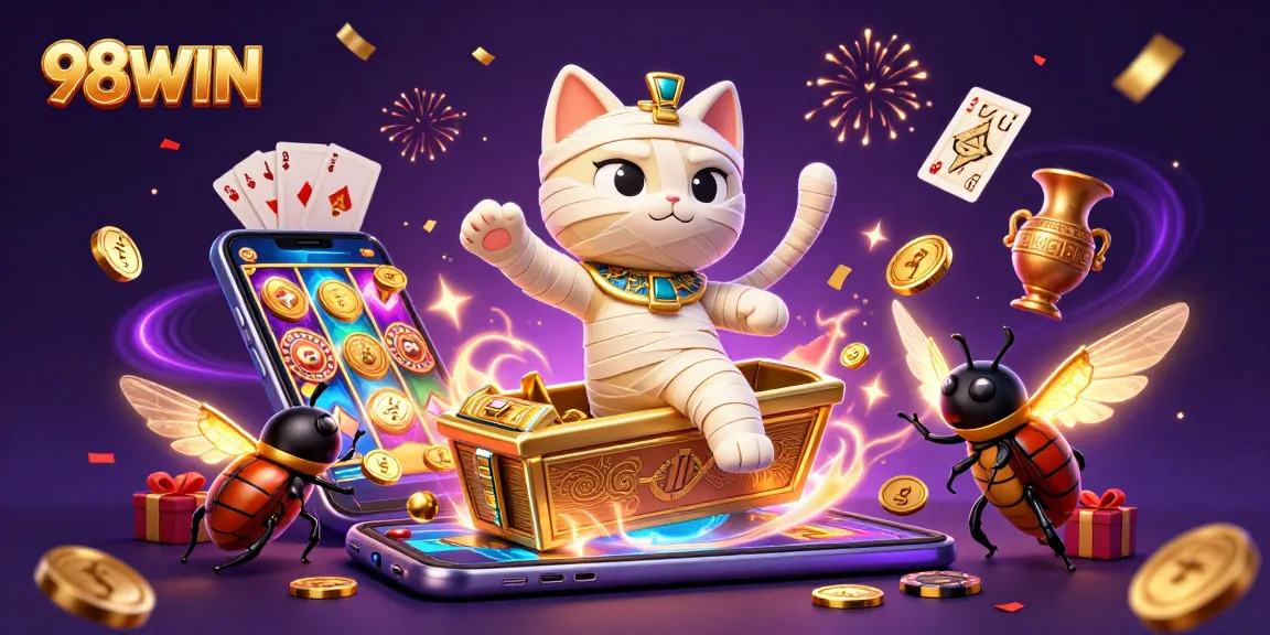 Experience the wonder of 98WIN with an Egyptian mummy cat bursting into action, showcasing vibrant casino elements.