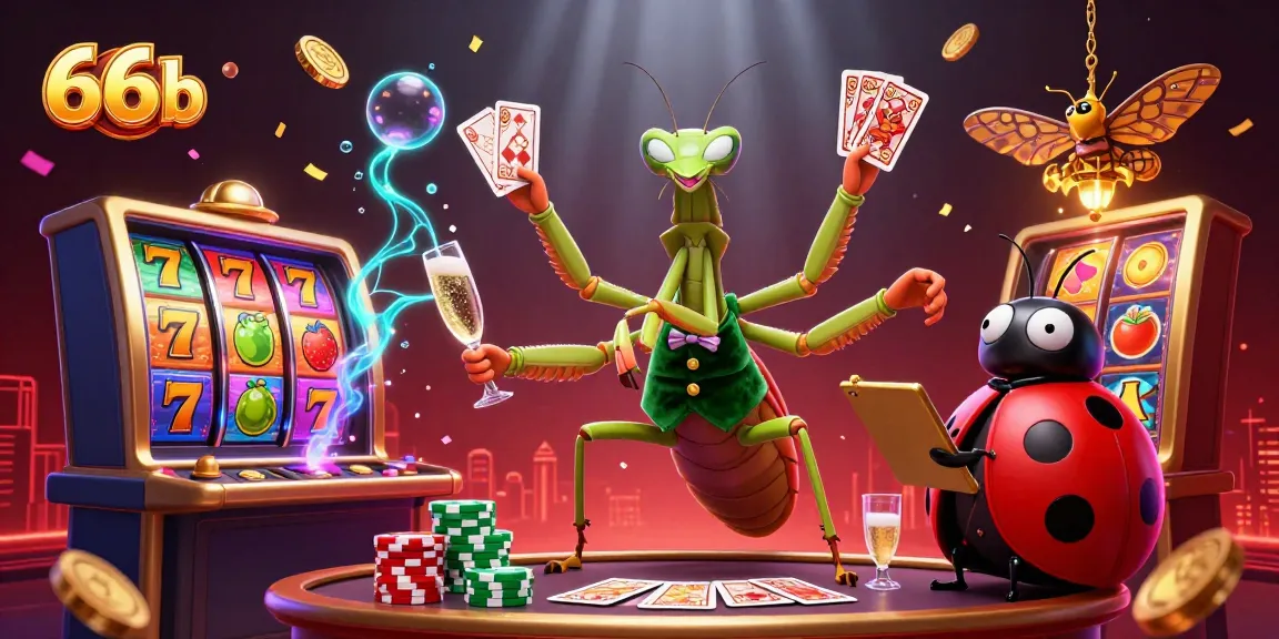 Join the excitement at 66b as the giant mantis card sharp deals cards and pours champagne in this vibrant casino scene.