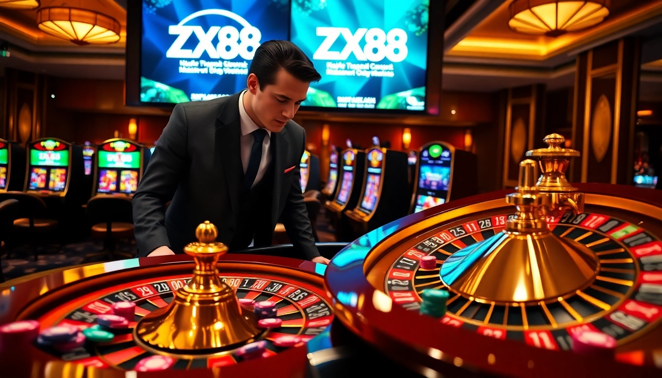 Experience thrilling gameplay at ZX88 with poker chips and a vibrant roulette wheel.