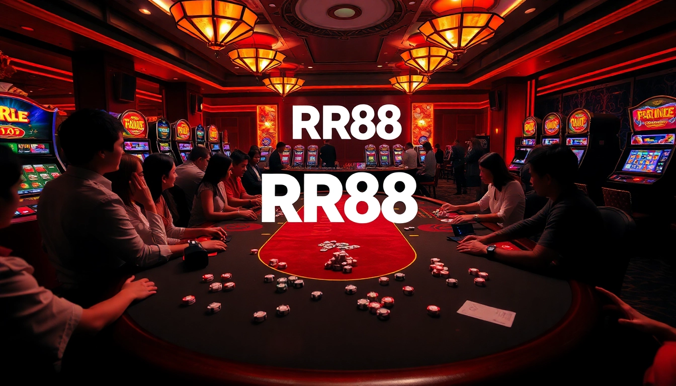 Enthusiastic gamblers enjoying a vibrant casino experience at RR88's luxurious gaming table.