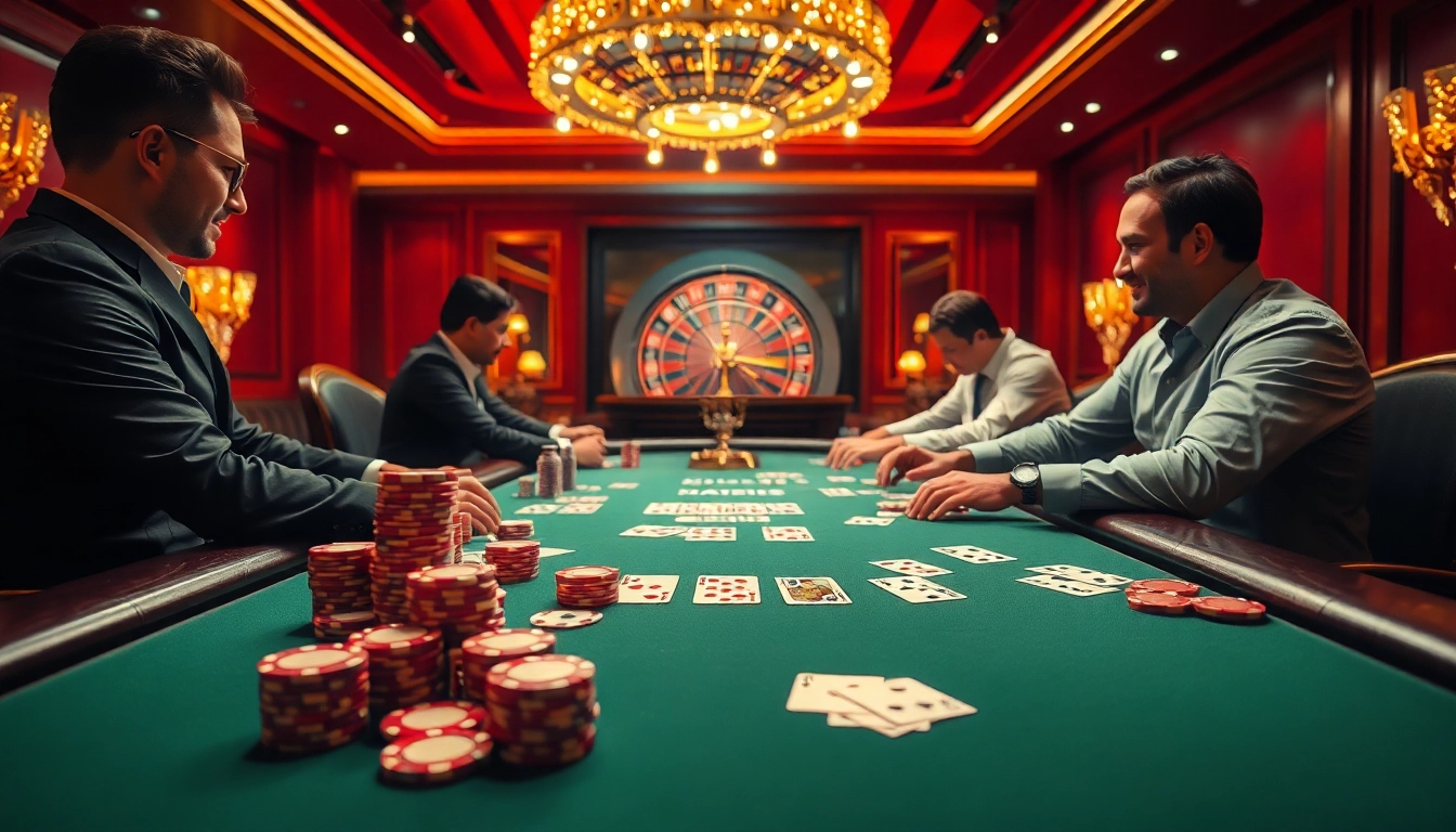 Mibet's high-stakes poker table captures an elite gambling atmosphere with players vying for victory.