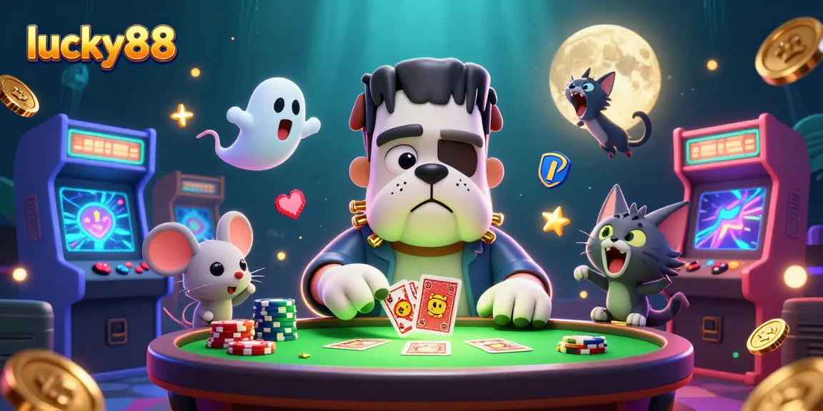 Experience the thrilling gameplay at lucky88, where a Frankenstein bulldog deals cards at a spooky casino table.