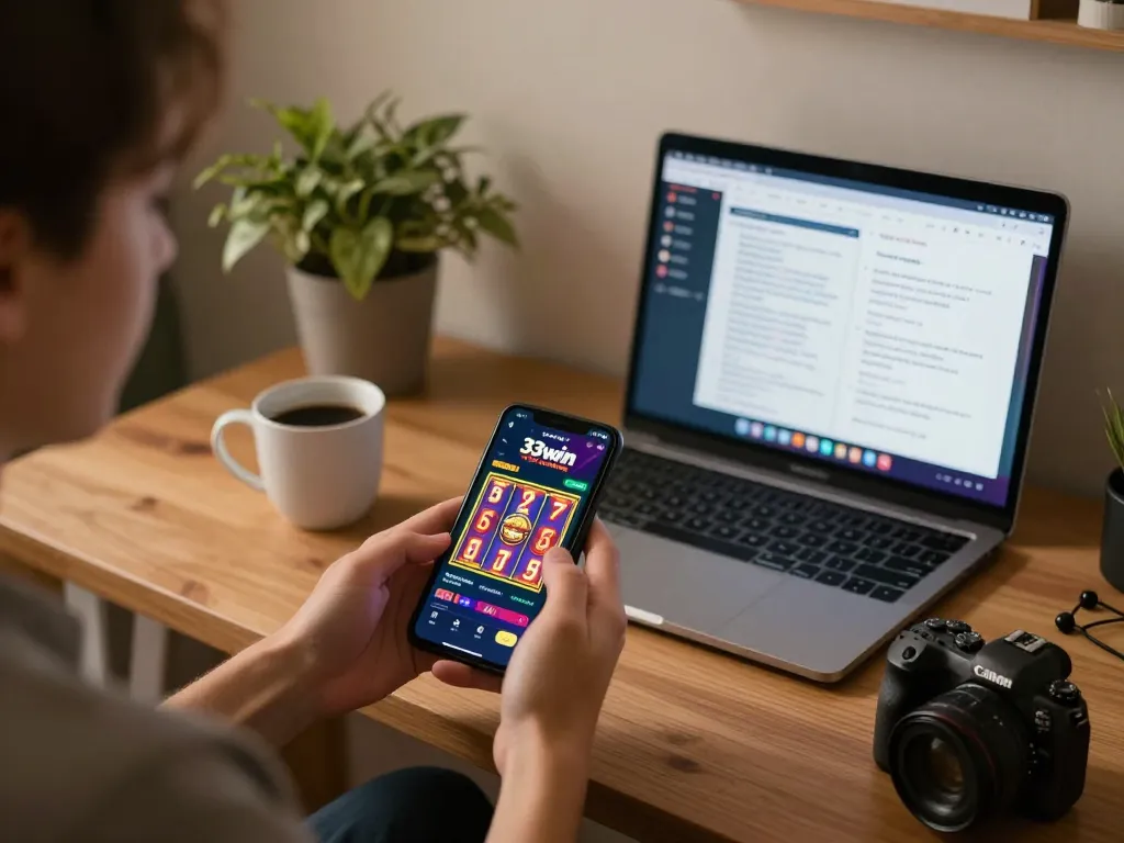 Enjoying mobile gaming on the 33win app during a cozy home session