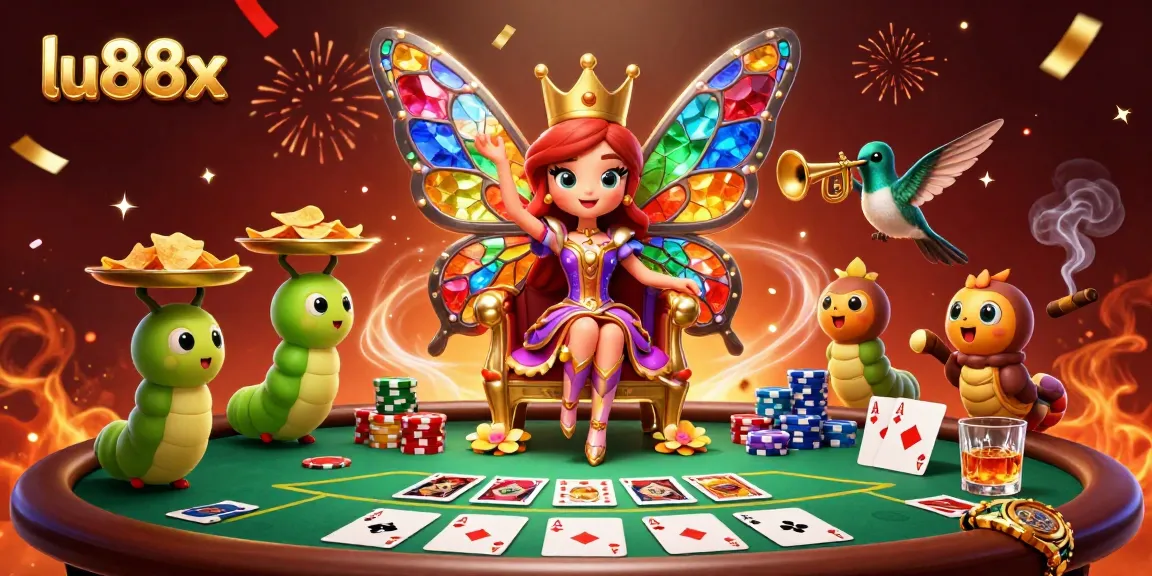 Experience excitement at lu88x with vibrant visuals of a butterfly queen surrounded by poker action.