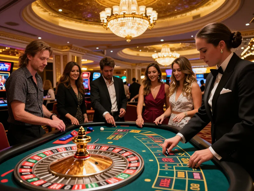 Sunwin players engaging in a thrilling roulette game at a Las Vegas casino, showcasing excitement and strategic betting.