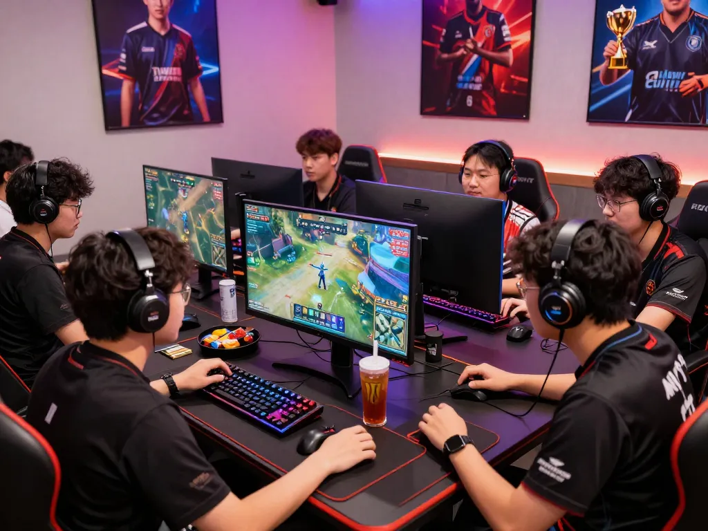 Engaging esports betting scene in Singapore showcasing gamers, live matches, and gaming equipment.