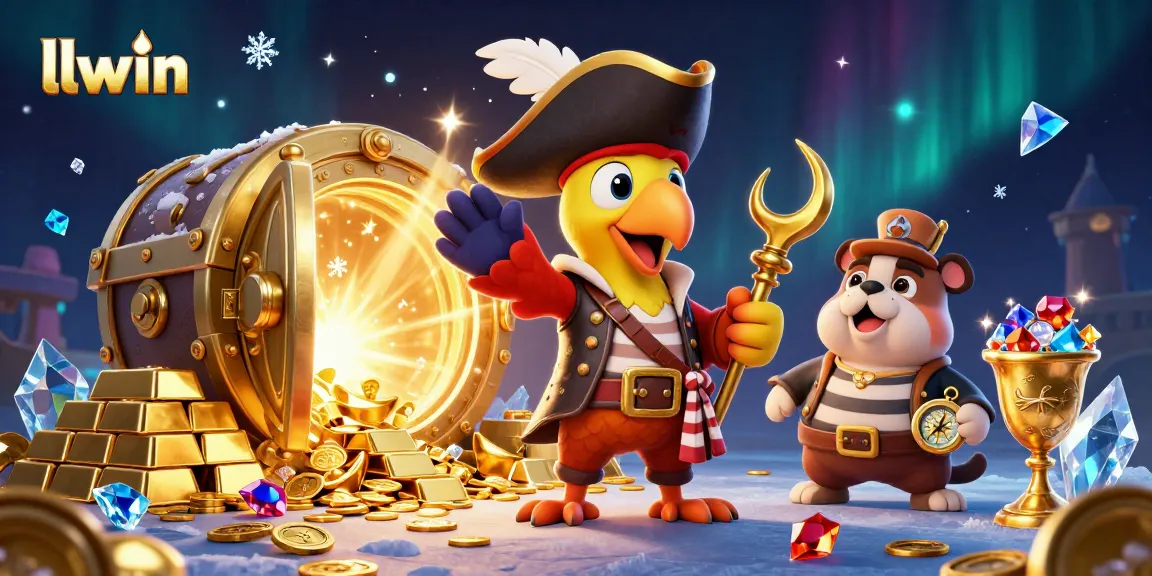 llwin features vibrant cartoon characters in a rich casino-themed scene with treasure, games, and excitement.