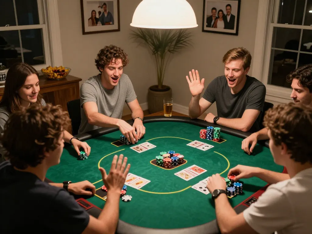 Engaging home poker night featuring friends playing Nohu90 with colorful chips and excited expressions.