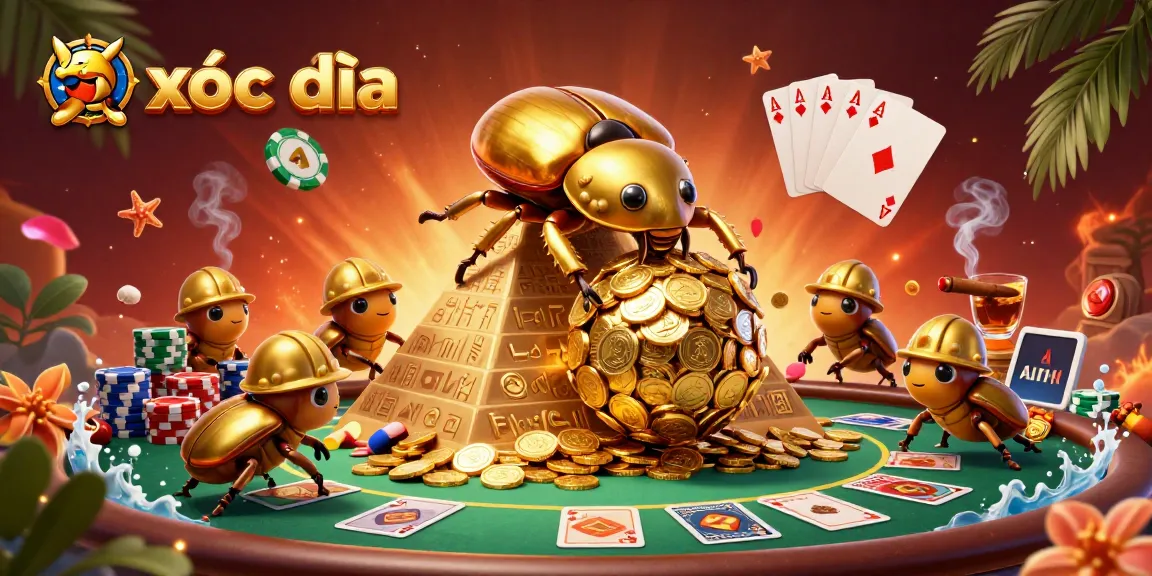 Experience the vibrant excitement of xóc đĩa with this dynamic 3D illustration featuring golden beetles and casino elements.