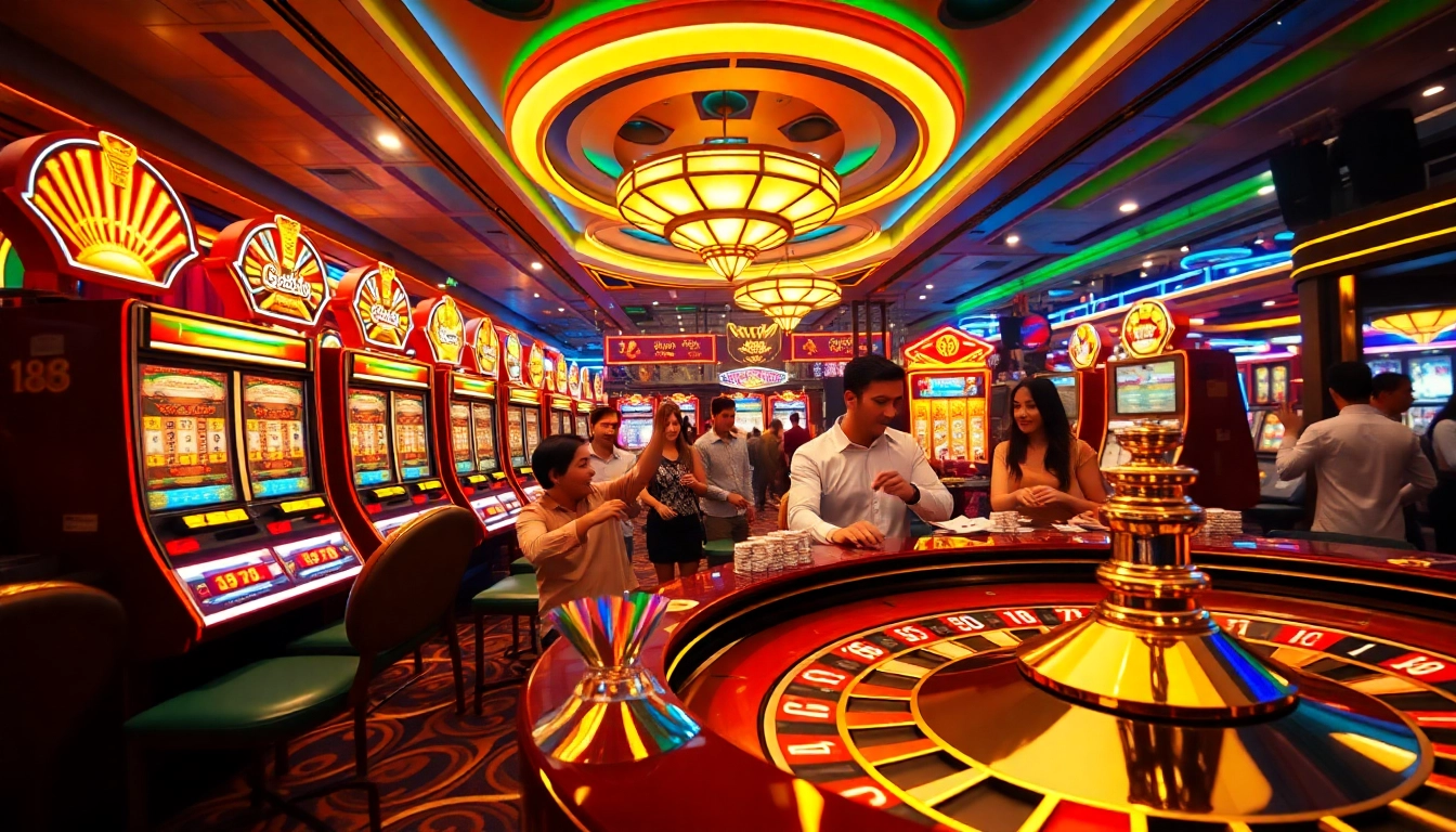 Experience the excitement of nohu90 at a lively casino scene with slot machines and eager players.