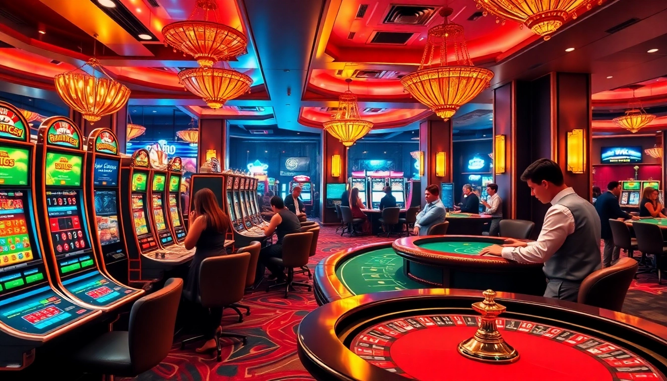 Experience the thrill of gambling at ok365 com with players engaging at poker tables and exciting slot machines.