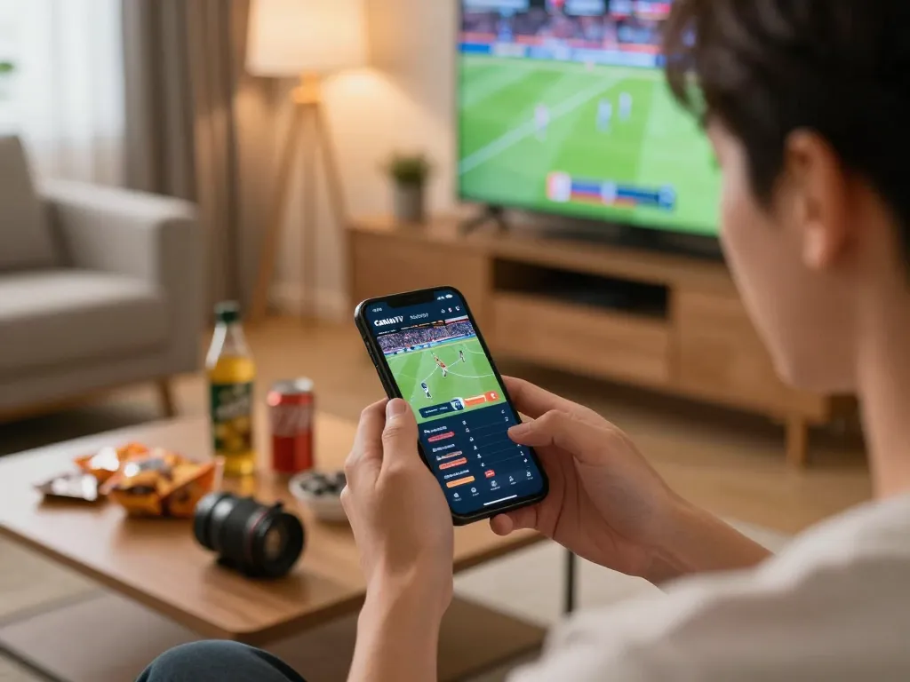 Cakhia TV sports betting interface on smartphone with user focused in a lively home setting.