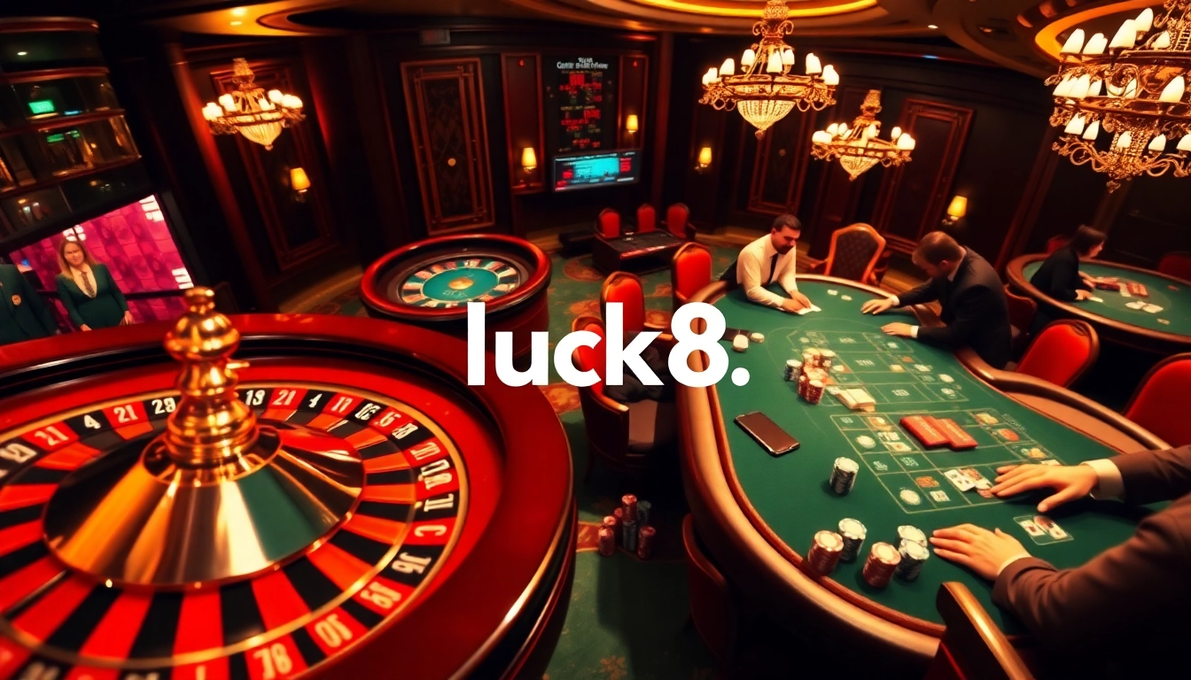 Experience the thrill of winning at luck8 with vibrant poker chips and a roulette wheel.