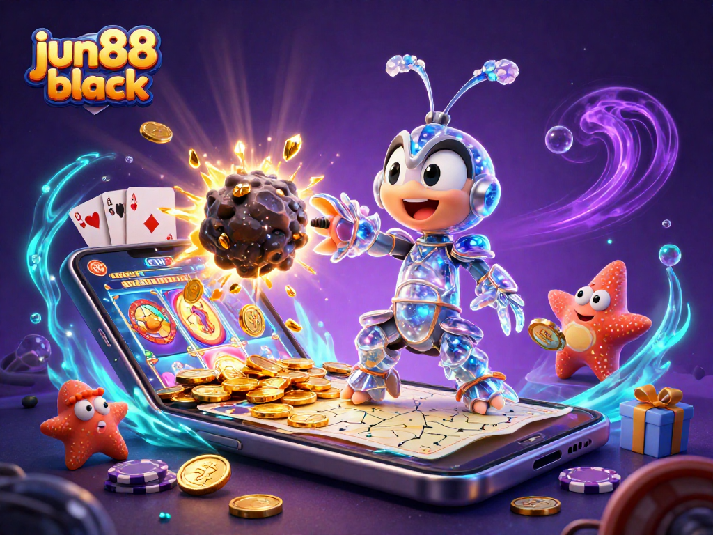 Engage in the thrilling universe of jun88 black with a galactic shrimp hero smashing through gems and coins.
