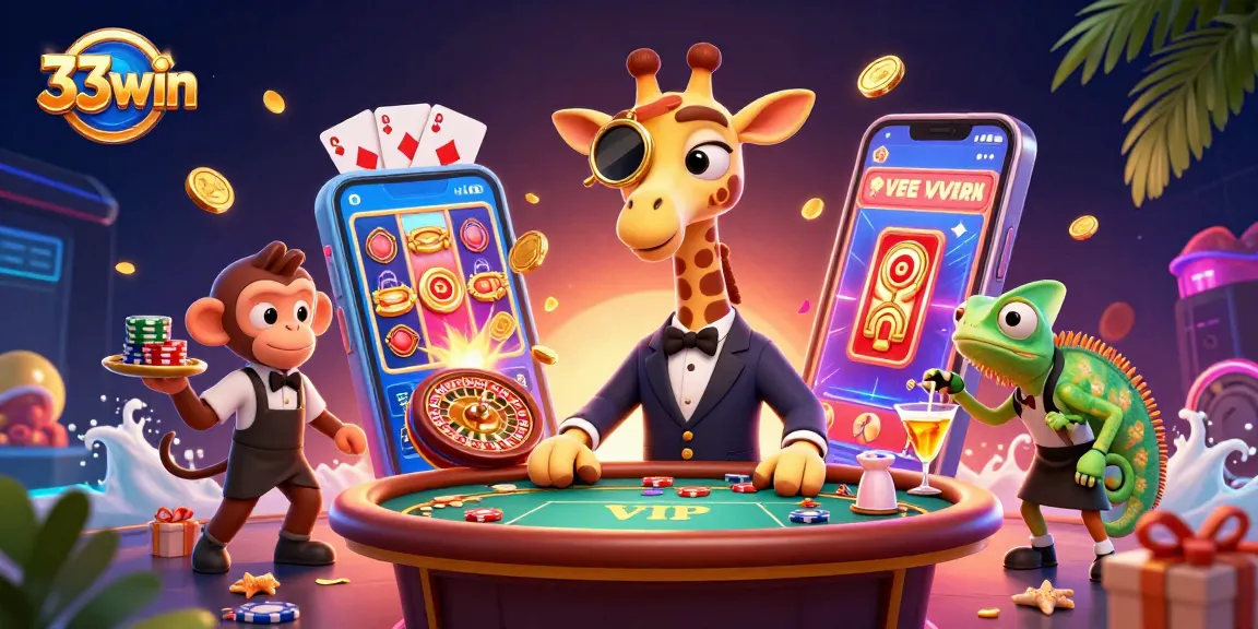 Join the 33win high-roller giraffe at a vibrant virtual casino, enjoying poker and slot games.
