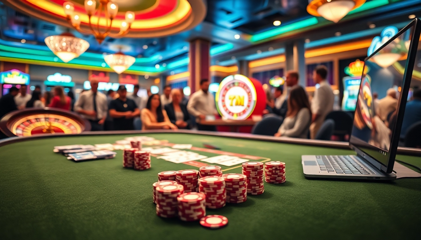 Experience the excitement of gambling with 7M in a luxurious casino environment depicted with poker chips and a roulette wheel.