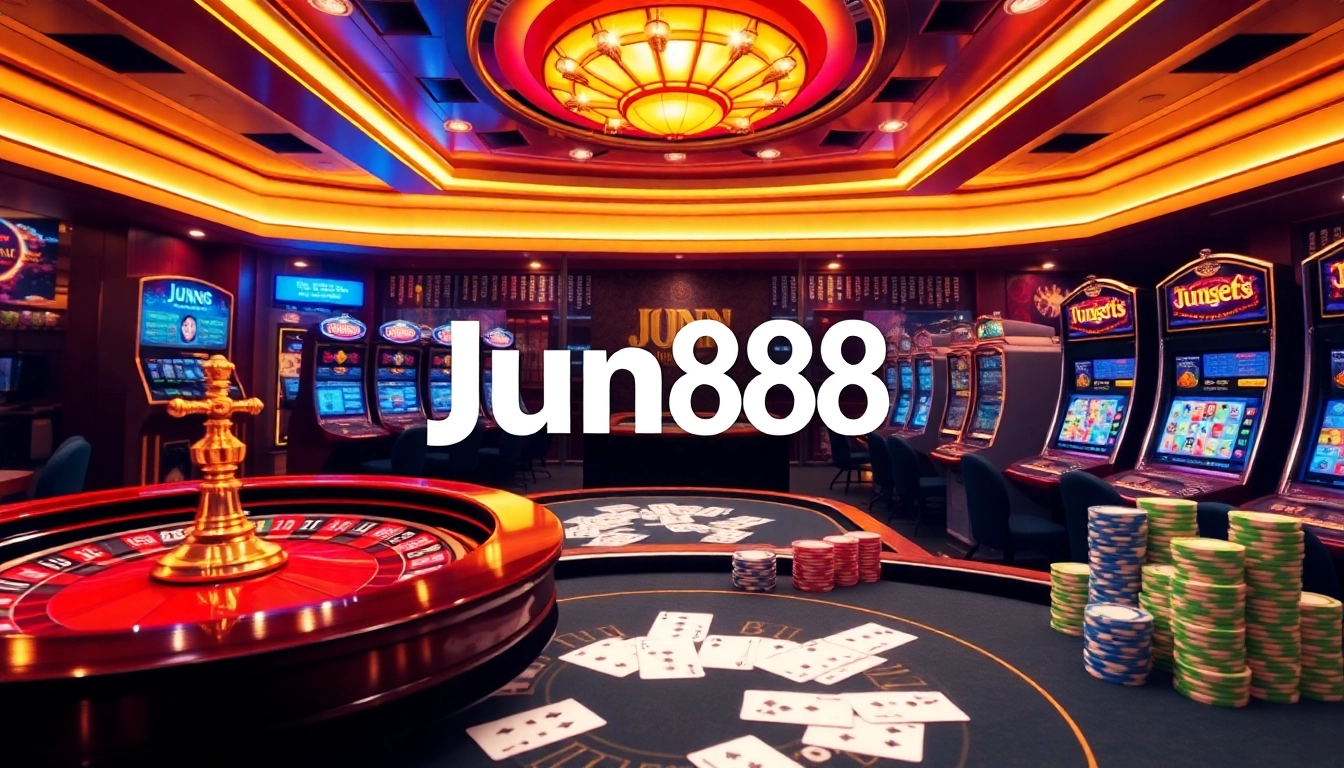 Jun88 gaming interface featuring vibrant slot machines and poker tables in a luxurious casino scene.