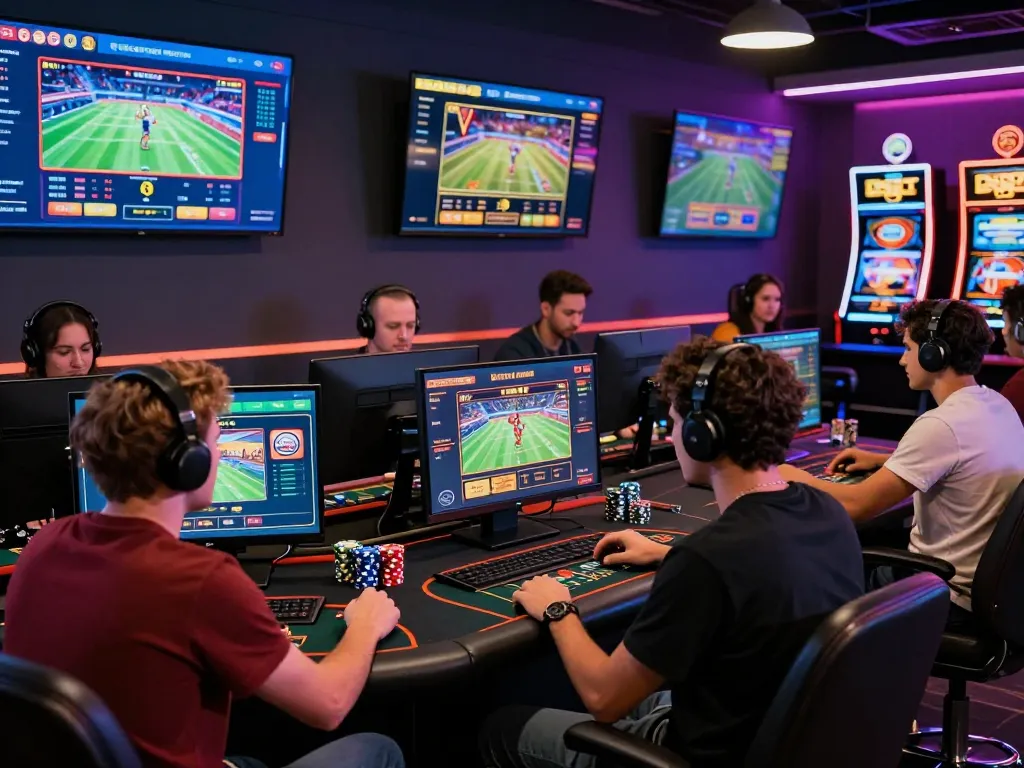Excited players engaged in various betting activities on Vsbet platform, showcasing camaraderie in a vibrant gaming environment.