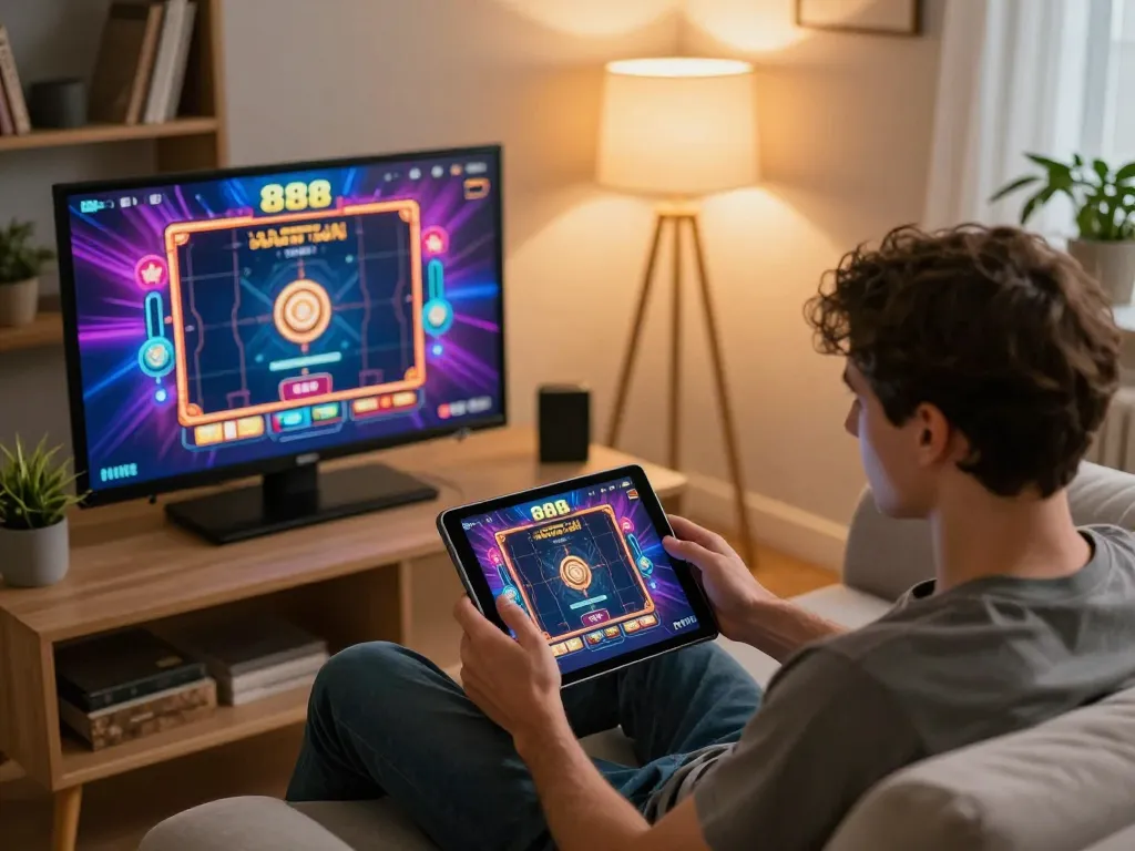 Player engaging with the 888top online casino app on a tablet during a cozy home gaming session.