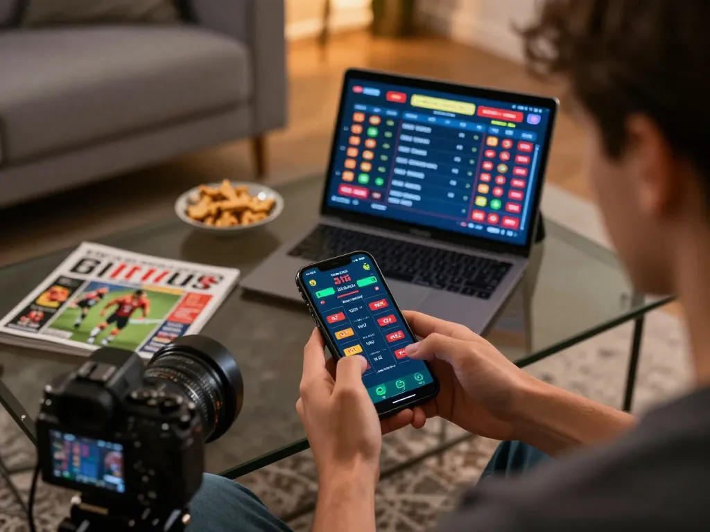 Engaging in online sports betting with bsport app on smartphone among friendly home setting.