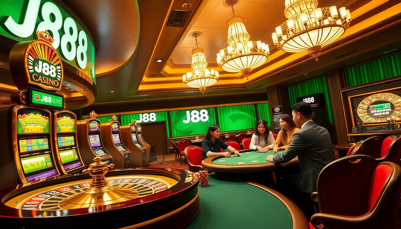 Exciting gaming scene at J88 casino featuring vibrant slot machines and a roulette wheel.