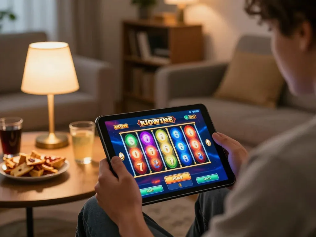 Engaging online gaming with 58win on tablet, cozy home setup, vibrant slot action