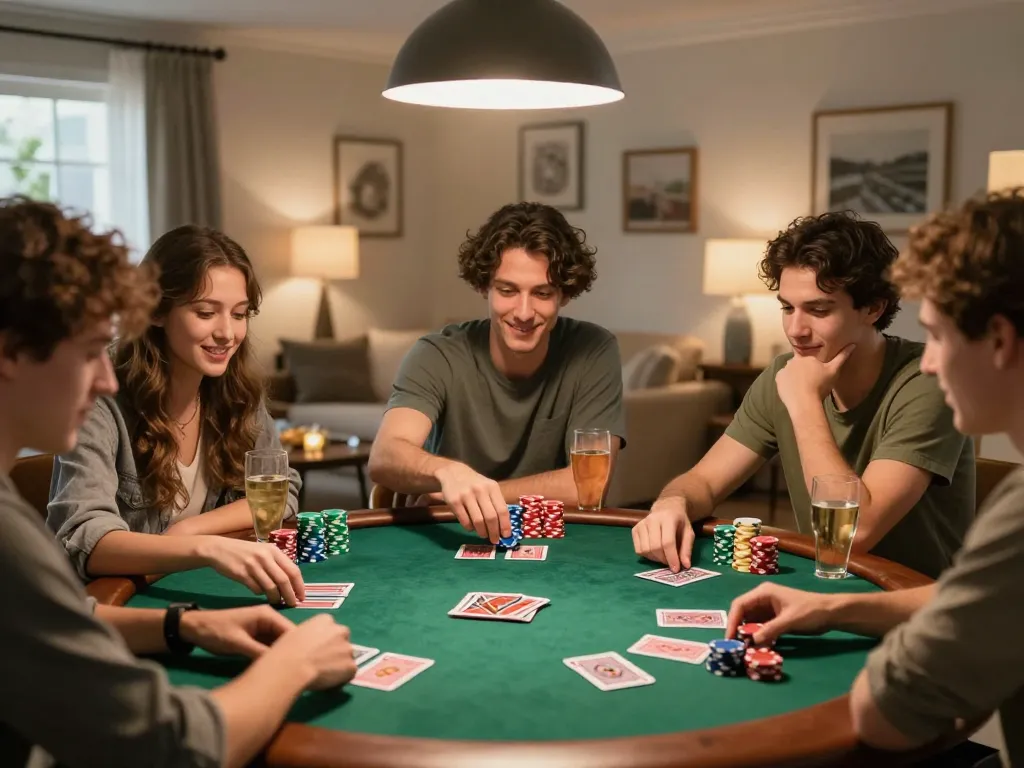 Friends enjoying a lively poker game at home on 4444win, with cards and chips showcasing excitement.