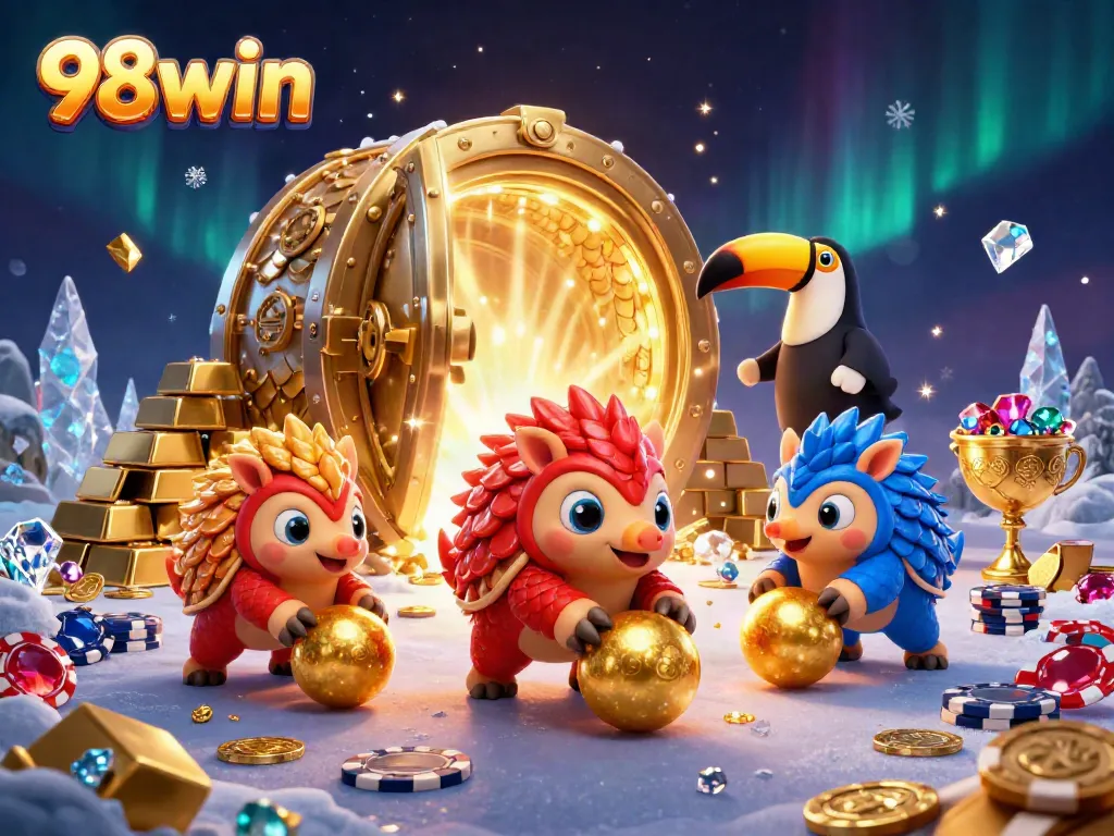 Experience excitement with the dynamic action of 98win in a colorful casino-themed scene.