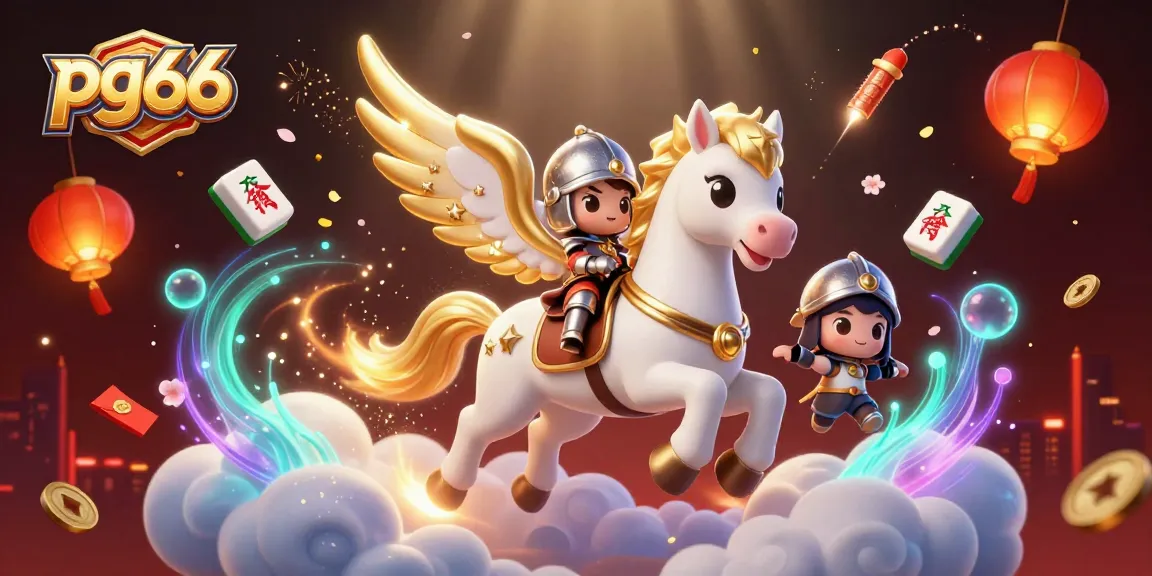 Experience thrilling wins at pg66 with a dynamic scene of a celestial horse and knight amidst vibrant gambling elements.