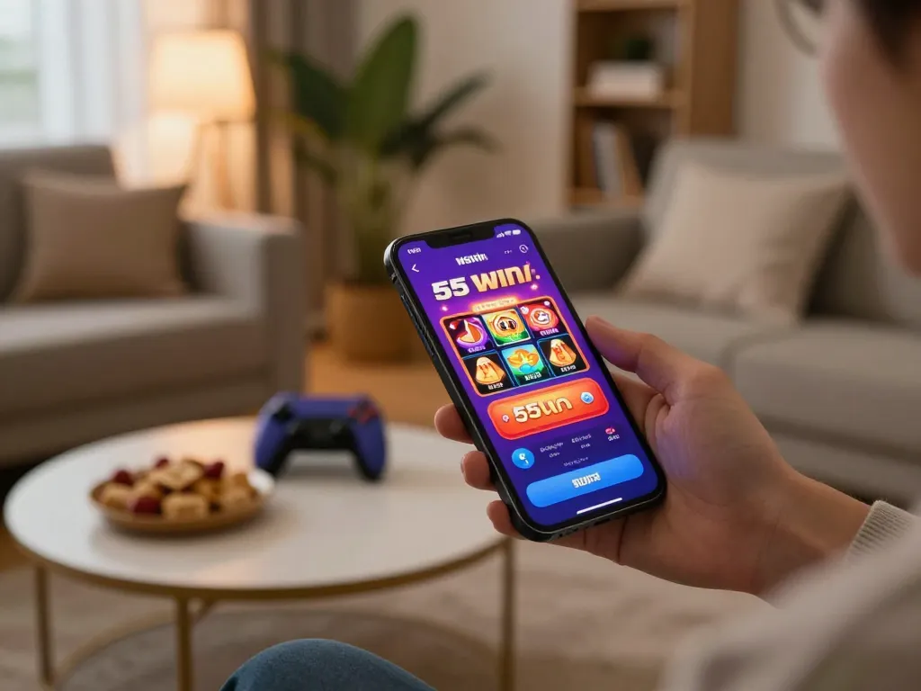 Experience seamless gaming on 555win mobile app, showcasing vibrant casino game graphics and engaging user interface