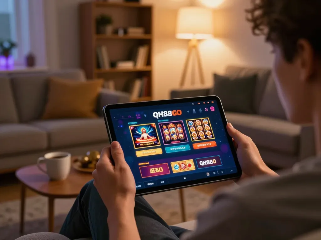Player enjoying QH88GO's casino app in a cozy home environment, displaying engaging gaming content.