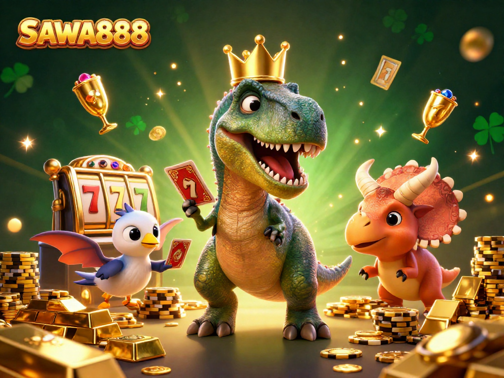 SAWA888 enhances your gaming experience with vibrant characters enjoying slots and golden treasures.
