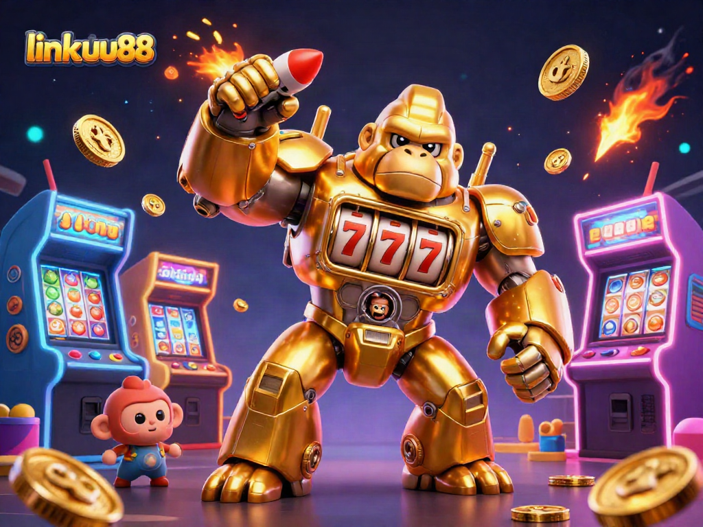 Engage with the vibrant action at link uu88 featuring a golden gorilla mech amidst slot machines.
