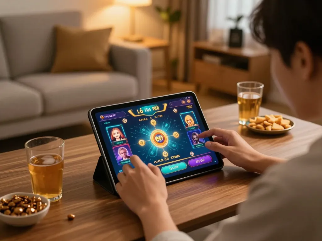 Lô Đề Uy Tín gaming on tablet in a cozy living room setting while enjoying snacks.