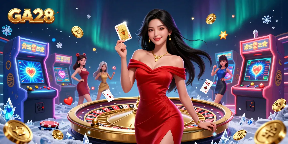 Experience the excitement of GA28 with a stunning young Asian model holding a golden card at a casino.