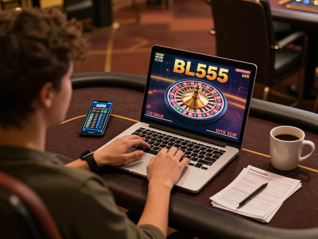 Player engaging in live dealer roulette at BL555 with laptop and smartphone, showcasing a strategic gaming approach.