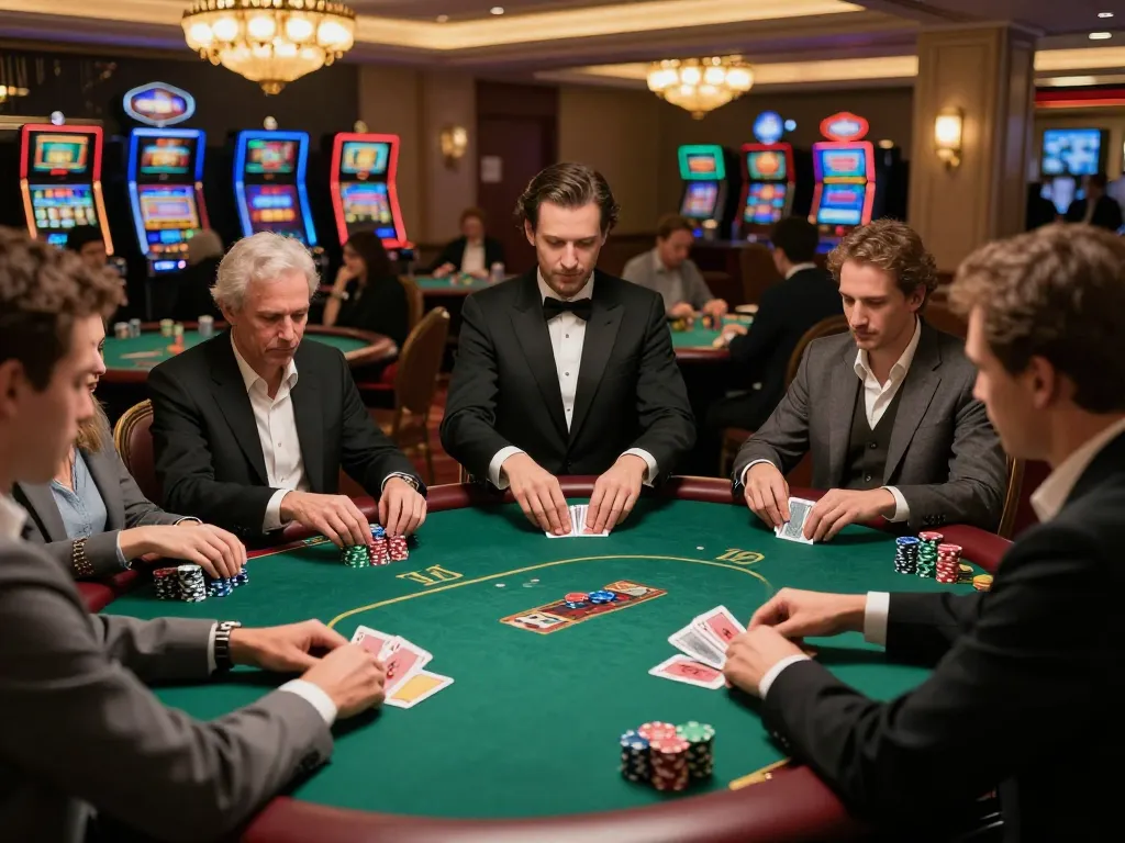 Players enjoying a high-stakes poker game at GG88's elegant casino environment, showcasing excitement and strategy.